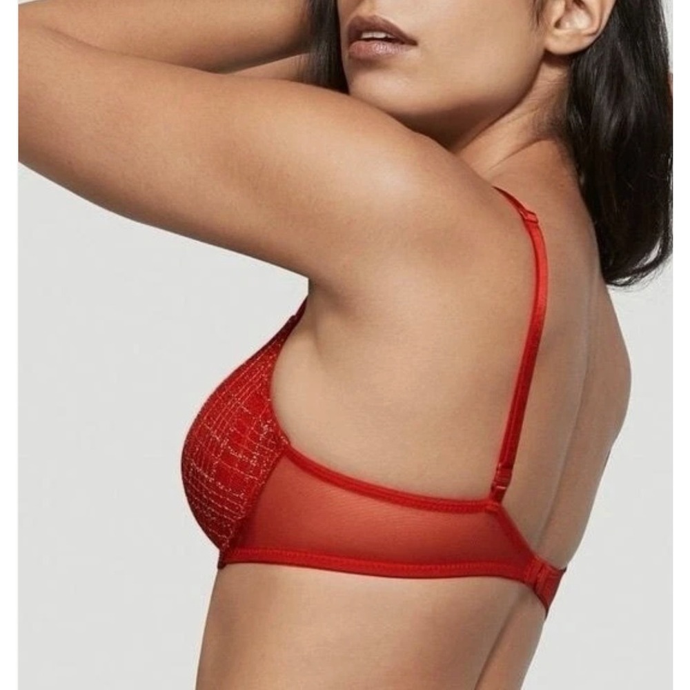 Victoria's Secret Red Gold Plaid Lace Plunge Underwire Bra 34DD - Picture 2 of 9